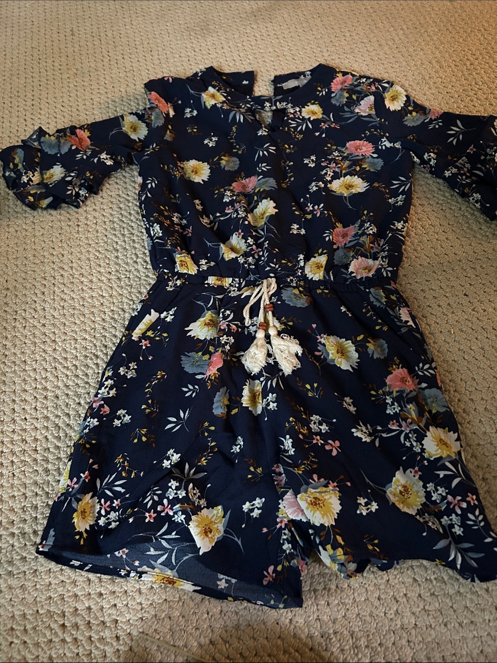 Girls' Navy Floral Tie-Waist Romper